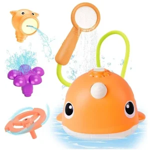 Baby Bath Toys  4 in 1 Narwhal Bath Toys for Toddlers Sprinkler Shower Head & 3 Spray Water Nozzles, Waterproof Narwhal Shower Squirt Bathtub Toy for Infant Kids 18 Month+ Bathroom Fun Bathtime Orange