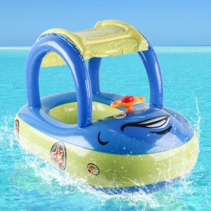 1pc Inflatable Car/Boat Shaped Swimming Ring With Sun Shade Canopy, For Kids Arm Float, Summer Water Fun Accessory! Pool Blue