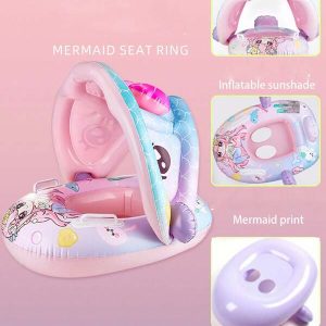 1pc Inflatable Sunshade Canopy & Pink Mermaid Handle Seat Ring Swim Float For Kids And Babies Pink