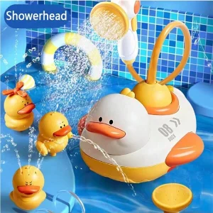 1pc Baby Bath Sprinkler, Cute Duck Shape, With 3 Sprinkler Ducks, Automatic Shower Head With Suction Cup Bracket, No Need To Drill, Bath Toys For Kids Yellow