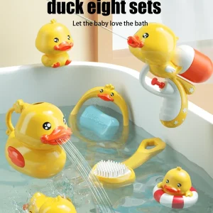 A Set Of 8 Pieces Of Baby Yellow Duck Bath Toy In Random Colors, Including Watering Can, Squirt Gun, Soft Brush, Net Bag, Wind-Up Yellow Duck, Soap And 2 Ducks. Let Your Baby Love Bath Time! Multicolor